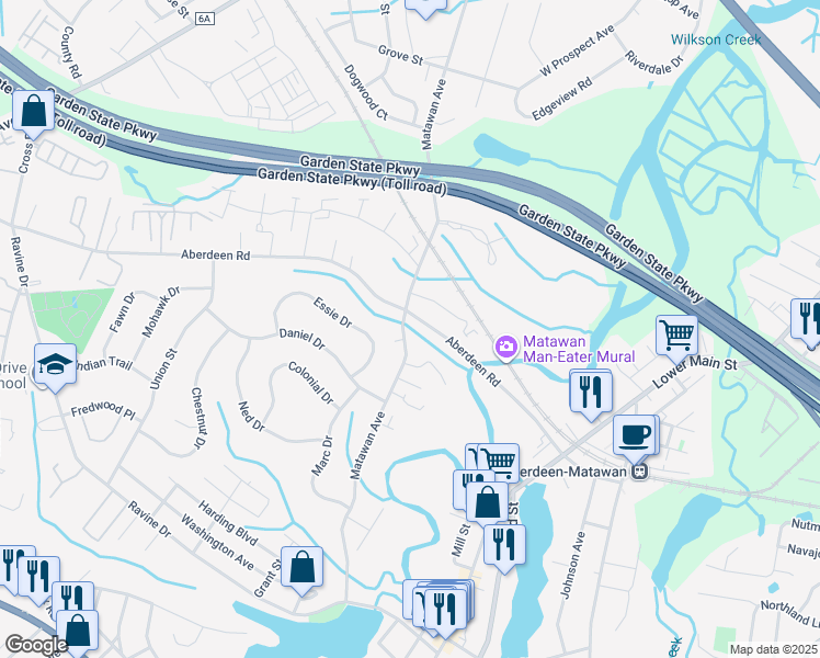 map of restaurants, bars, coffee shops, grocery stores, and more near 173 Matawan Avenue in Matawan