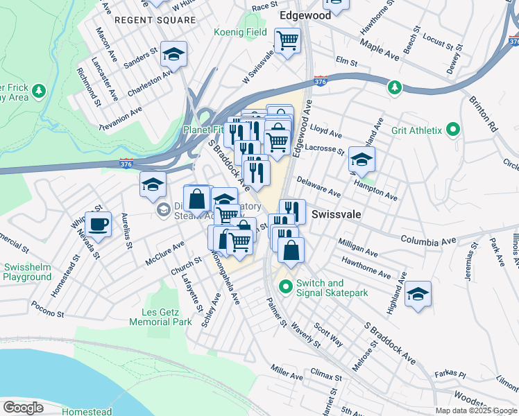 map of restaurants, bars, coffee shops, grocery stores, and more near 1816 South Braddock Avenue in Swissvale