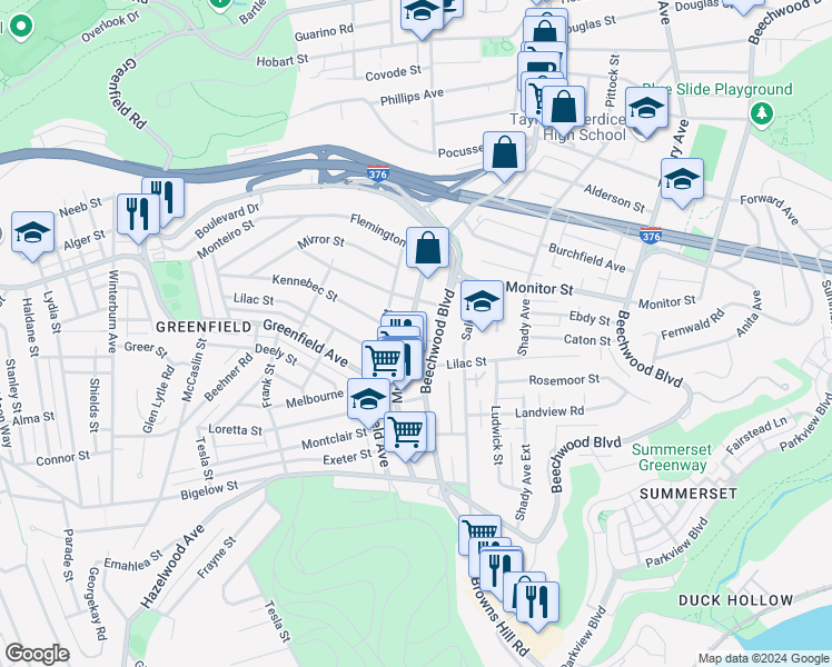 map of restaurants, bars, coffee shops, grocery stores, and more near 3529 Beechwood Boulevard in Pittsburgh