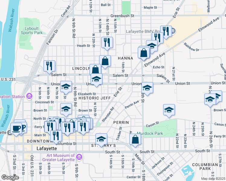 map of restaurants, bars, coffee shops, grocery stores, and more near 1417 Elizabeth Street in Lafayette