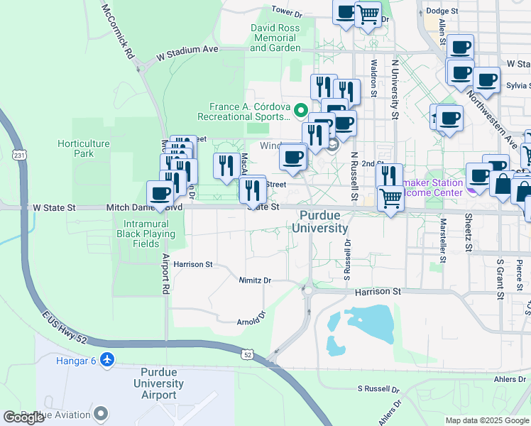 map of restaurants, bars, coffee shops, grocery stores, and more near 1265 West State Street in West Lafayette