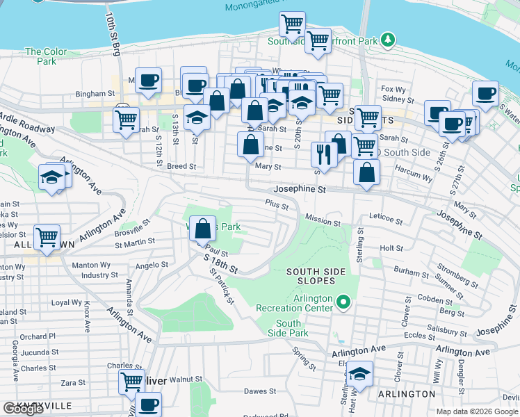 map of restaurants, bars, coffee shops, grocery stores, and more near 46 Magdalene Street in Pittsburgh