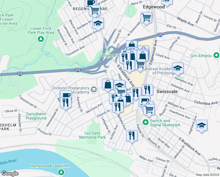 map of restaurants, bars, coffee shops, grocery stores, and more near 1698 Monongahela Avenue in Swissvale