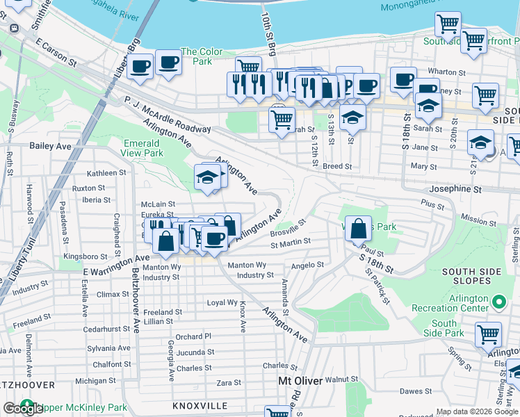 map of restaurants, bars, coffee shops, grocery stores, and more near in Pittsburgh