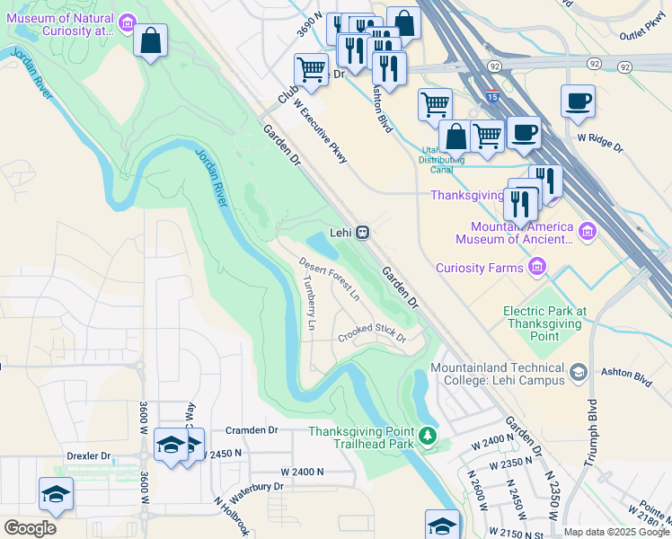 map of restaurants, bars, coffee shops, grocery stores, and more near 2886 Desert Forest Lane in Lehi