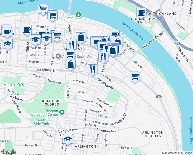 map of restaurants, bars, coffee shops, grocery stores, and more near 2621 Josephine Street in Pittsburgh