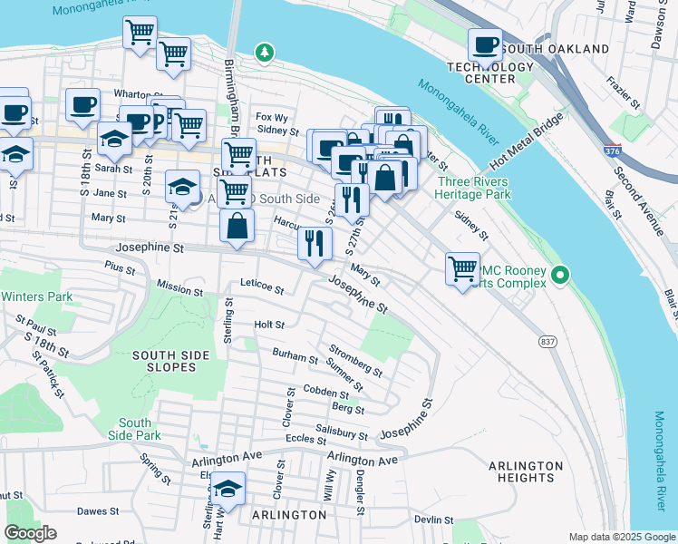 map of restaurants, bars, coffee shops, grocery stores, and more near 2717 Josephine Street in Pittsburgh