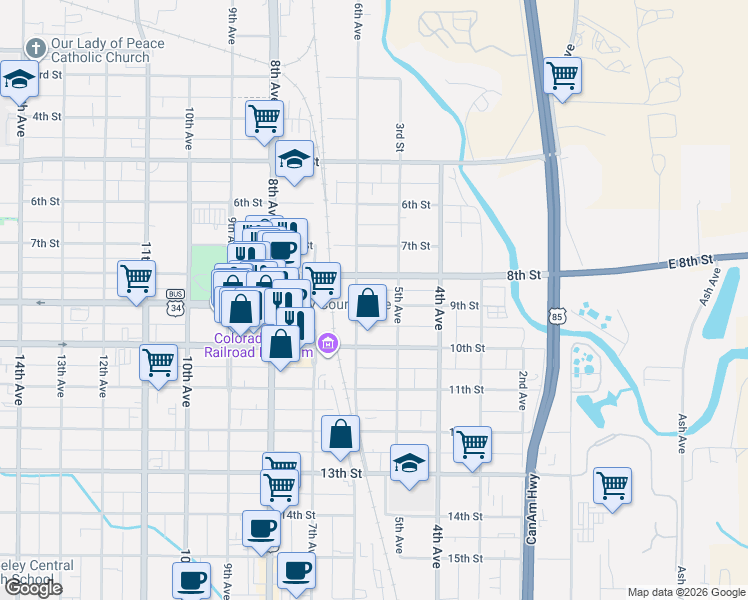 map of restaurants, bars, coffee shops, grocery stores, and more near 500 North 9th Avenue in Greeley