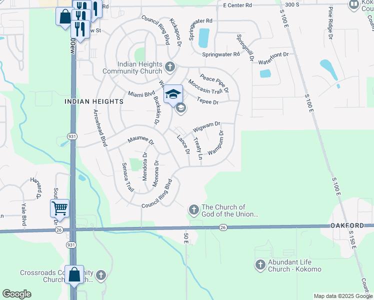 map of restaurants, bars, coffee shops, grocery stores, and more near 5713 Lance Drive in Kokomo