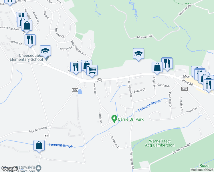 map of restaurants, bars, coffee shops, grocery stores, and more near 52 Thorne Lane in Matawan