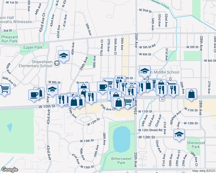 map of restaurants, bars, coffee shops, grocery stores, and more near 823 37th Avenue in Greeley