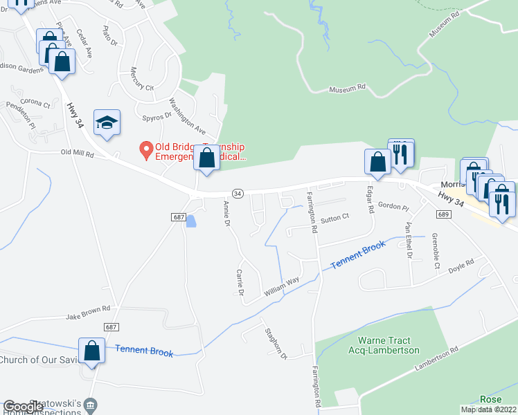 map of restaurants, bars, coffee shops, grocery stores, and more near 54 Thorne Lane in Matawan
