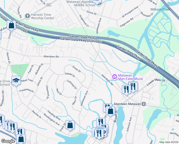 map of restaurants, bars, coffee shops, grocery stores, and more near 36 Essie Drive in Matawan