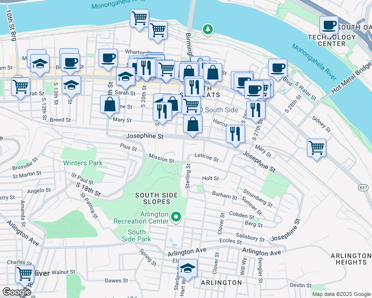 map of restaurants, bars, coffee shops, grocery stores, and more near 35 Greeley Street in Pittsburgh