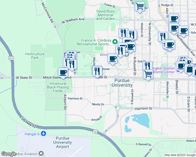 map of restaurants, bars, coffee shops, grocery stores, and more near 1265 West State Street in West Lafayette