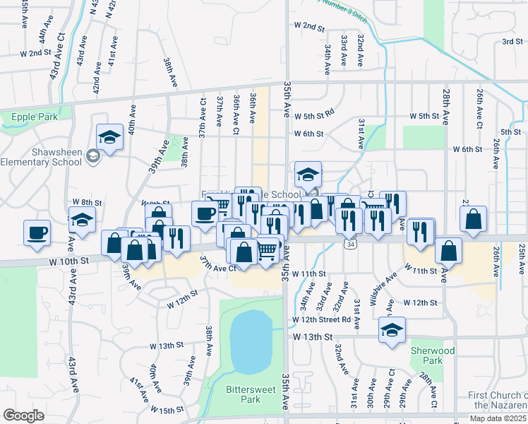 map of restaurants, bars, coffee shops, grocery stores, and more near 901 35th Avenue in Greeley