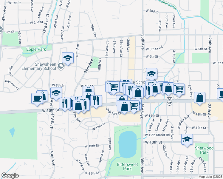 map of restaurants, bars, coffee shops, grocery stores, and more near 3635 West 10th Street in Greeley
