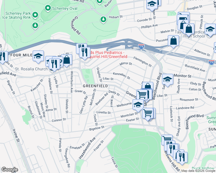 map of restaurants, bars, coffee shops, grocery stores, and more near 830 Deely Street in Pittsburgh