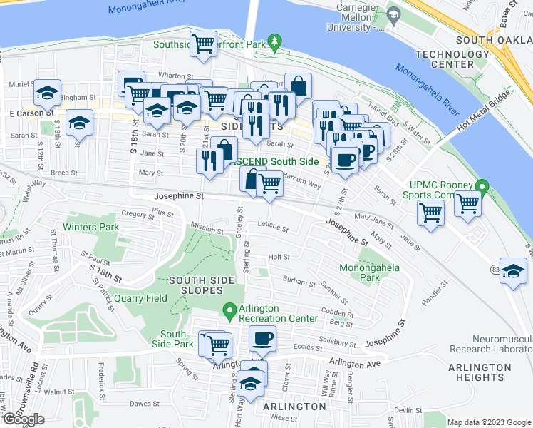 map of restaurants, bars, coffee shops, grocery stores, and more near 2400 Leticoe Street in Pittsburgh