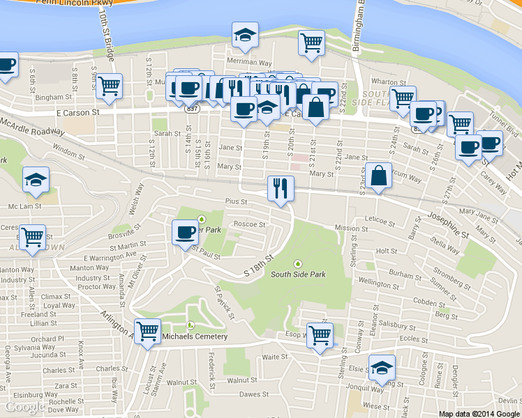 map of restaurants, bars, coffee shops, grocery stores, and more near 46 Magdalene Street in Pittsburgh