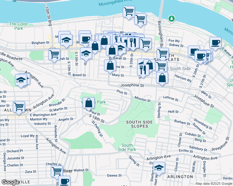 map of restaurants, bars, coffee shops, grocery stores, and more near 46 Magdalene Street in Pittsburgh