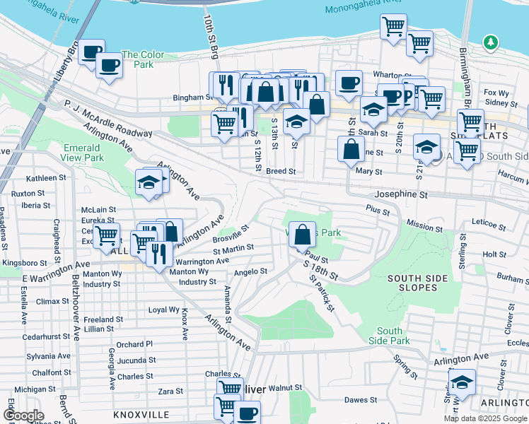 map of restaurants, bars, coffee shops, grocery stores, and more near 8 Monastery Street in Pittsburgh