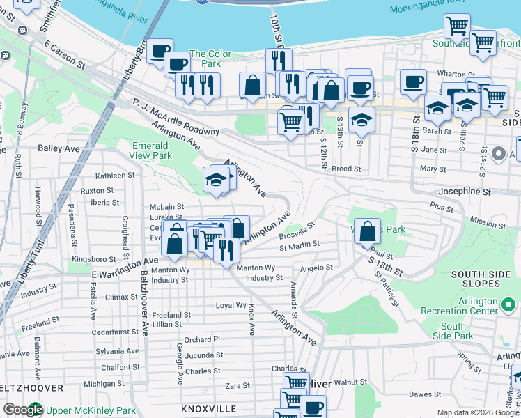 map of restaurants, bars, coffee shops, grocery stores, and more near 932 Eureka Street in Pittsburgh