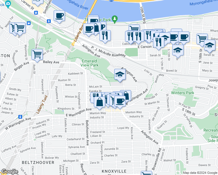 map of restaurants, bars, coffee shops, grocery stores, and more near 804 Eureka Street in Pittsburgh