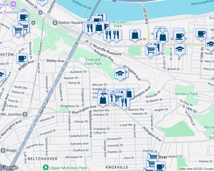 map of restaurants, bars, coffee shops, grocery stores, and more near 724 Eureka Street in Pittsburgh