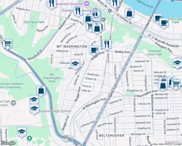 map of restaurants, bars, coffee shops, grocery stores, and more near 225 Eutaw Street in Pittsburgh