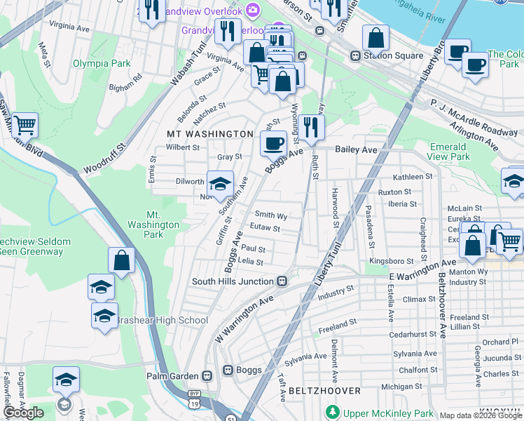 map of restaurants, bars, coffee shops, grocery stores, and more near 225 Eutaw Street in Pittsburgh