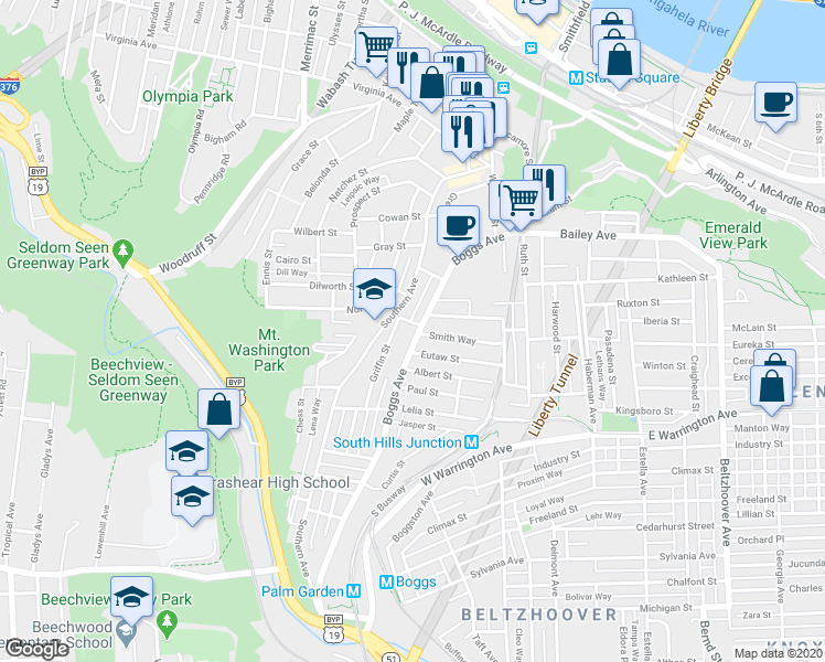map of restaurants, bars, coffee shops, grocery stores, and more near 430 Boggs Avenue in Pittsburgh