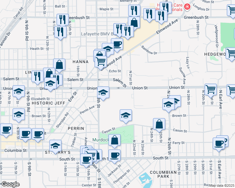 map of restaurants, bars, coffee shops, grocery stores, and more near 2001 Union St in Lafayette