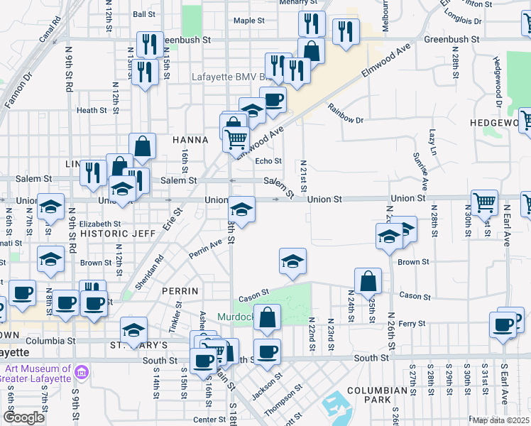 map of restaurants, bars, coffee shops, grocery stores, and more near 1901 Union Street in Lafayette
