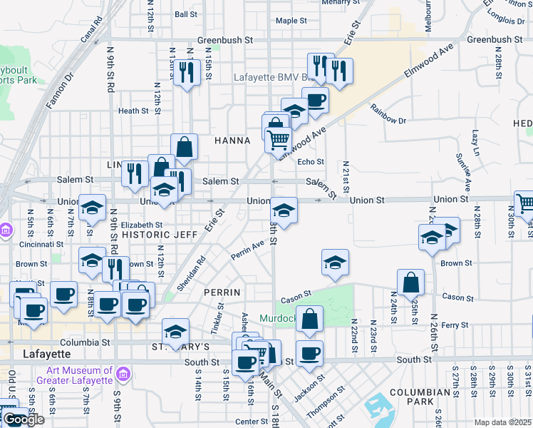 map of restaurants, bars, coffee shops, grocery stores, and more near 615 North 18th Street in Lafayette
