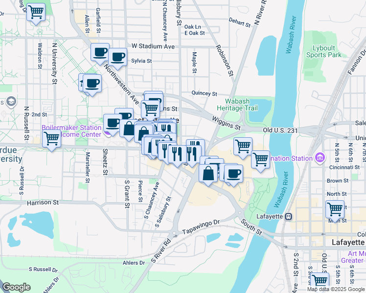 map of restaurants, bars, coffee shops, grocery stores, and more near 32 North Salisbury Street in West Lafayette