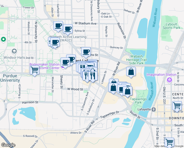 map of restaurants, bars, coffee shops, grocery stores, and more near 200 West State Street in West Lafayette