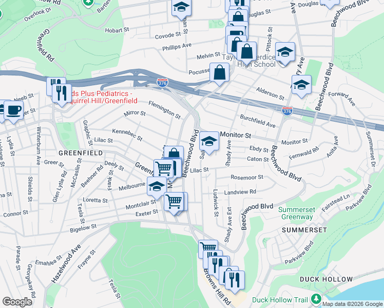 map of restaurants, bars, coffee shops, grocery stores, and more near 3529 Beechwood Boulevard in Pittsburgh