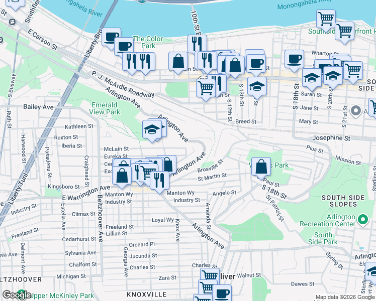 map of restaurants, bars, coffee shops, grocery stores, and more near 932 Eureka Street in Pittsburgh