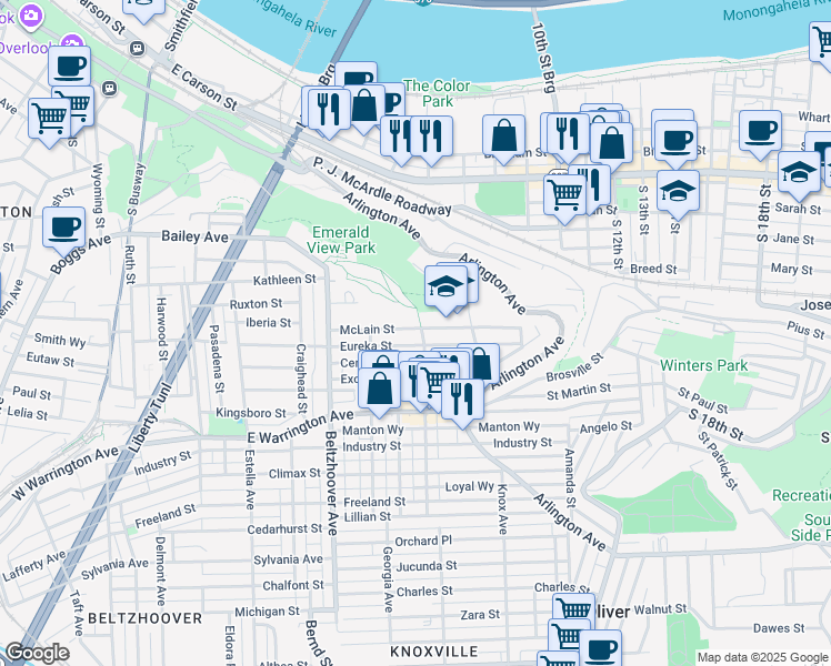 map of restaurants, bars, coffee shops, grocery stores, and more near 804 Eureka Street in Pittsburgh