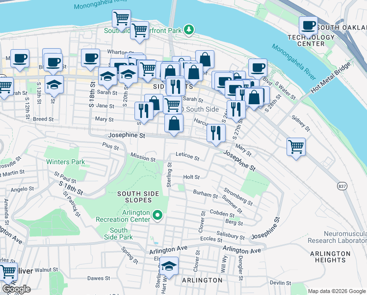 map of restaurants, bars, coffee shops, grocery stores, and more near 2400 Leticoe Street in Pittsburgh
