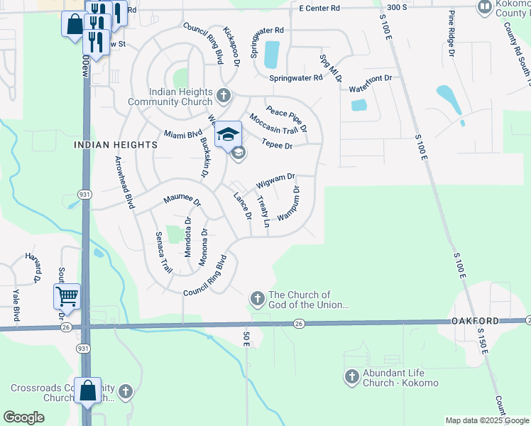 map of restaurants, bars, coffee shops, grocery stores, and more near Treaty Lane in Kokomo