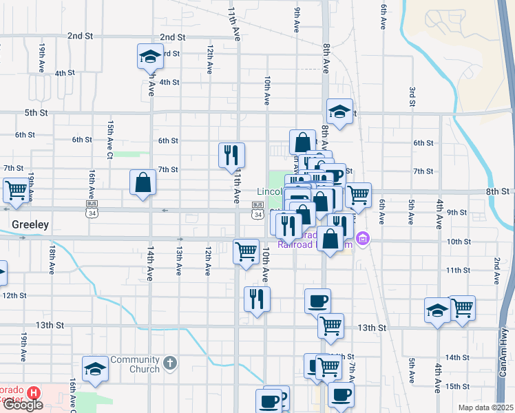 map of restaurants, bars, coffee shops, grocery stores, and more near 1018 9th Street in Greeley