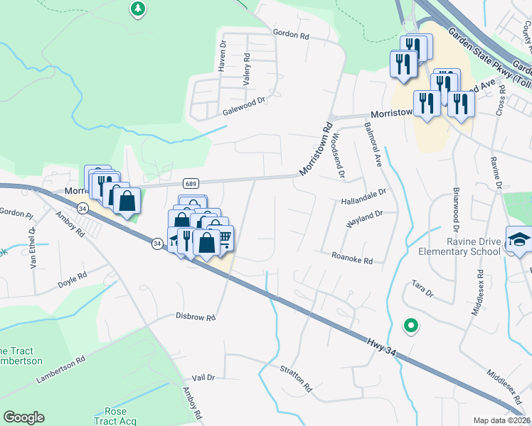 map of restaurants, bars, coffee shops, grocery stores, and more near 4 Montauk Court in Matawan