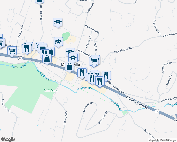 map of restaurants, bars, coffee shops, grocery stores, and more near 4804 Old William Penn Highway in Export