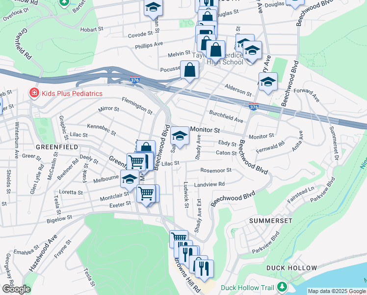 map of restaurants, bars, coffee shops, grocery stores, and more near 6436 Lilac Street in Pittsburgh