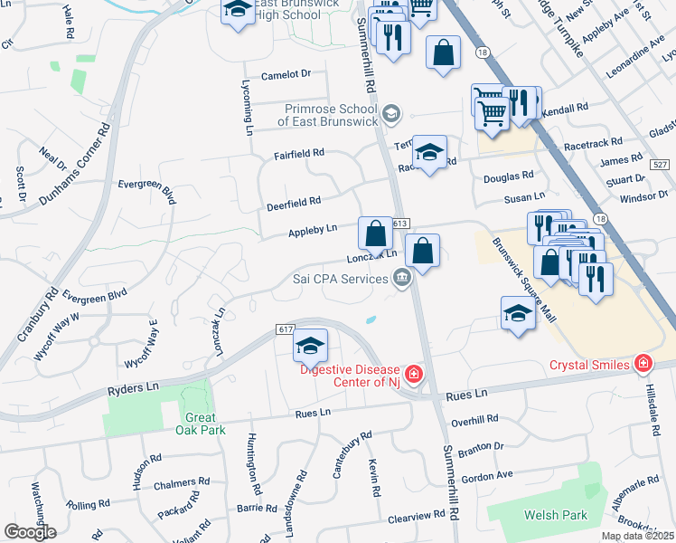 map of restaurants, bars, coffee shops, grocery stores, and more near 30 Dallenbach Lane in East Brunswick