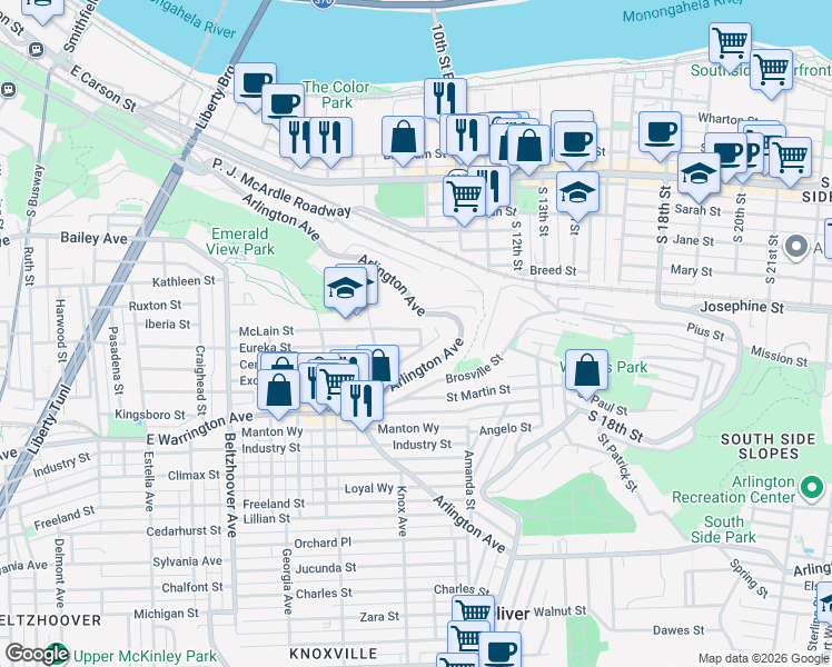 map of restaurants, bars, coffee shops, grocery stores, and more near 932 Eureka Street in Pittsburgh