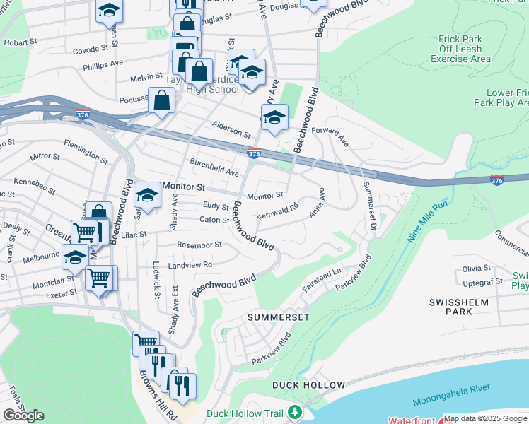 map of restaurants, bars, coffee shops, grocery stores, and more near 2955 Fernwald Road in Pittsburgh