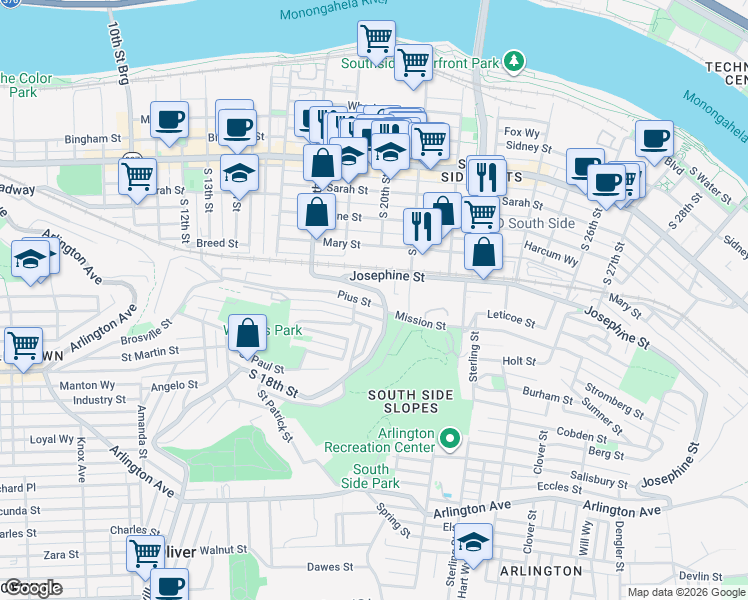 map of restaurants, bars, coffee shops, grocery stores, and more near 2014 Gregory Street in Pittsburgh